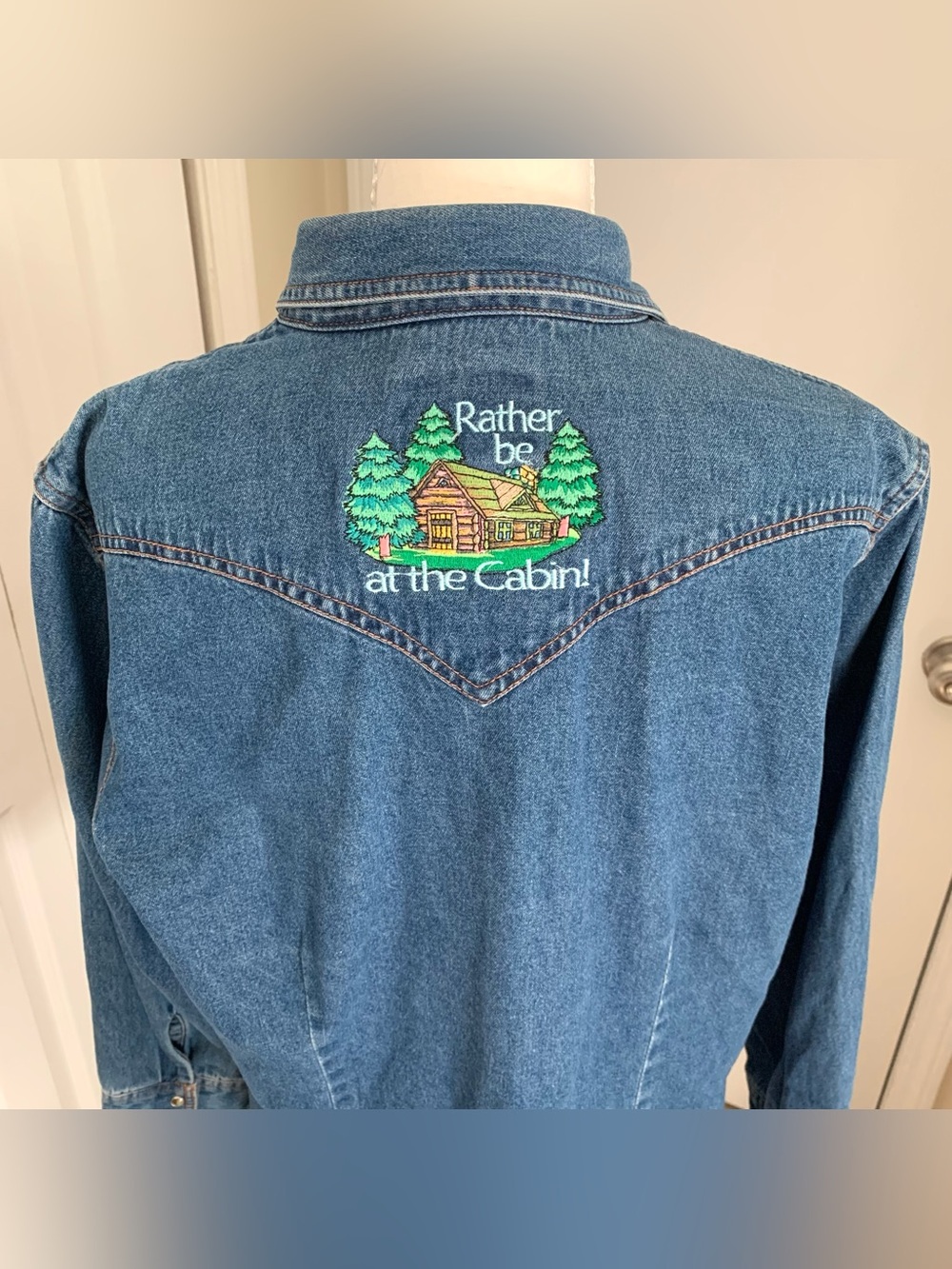 Denim Cowgirl Camp Shirt Rather Be At The Cabin Lodge Ranch Yoke Top 12/ 14 L